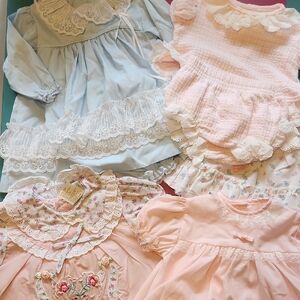 Vintage Baby Girls Lace Trim Dress Bundle - Pastel Pink & Light Blue